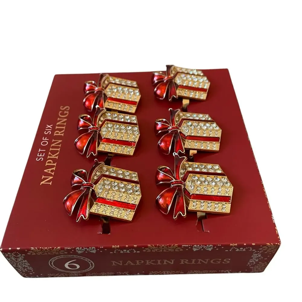 Envogue Rhinestone CHRISTMAS Present Napkin Rings Set of 6 Holiday Red Gold New